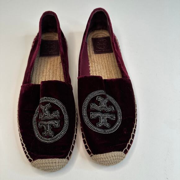 Tory Burch Burgundy Velvet Chain Logo Espadrille Flats - Picture 1 of 8